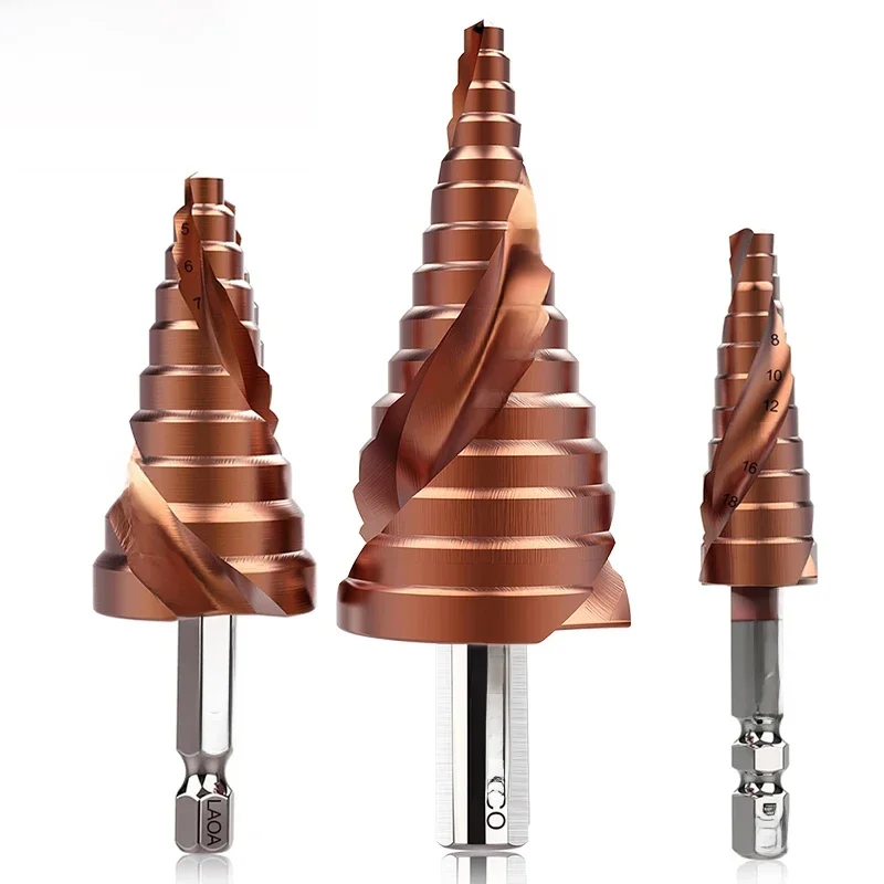 LAOA 1pc HSS-CO M35 Pagoda Step Drill Bit 3-13mm 4-22mm 4-32mm Hex Triangle Spiral Grooved Wood Metal Hole Cutter Drilling Tools