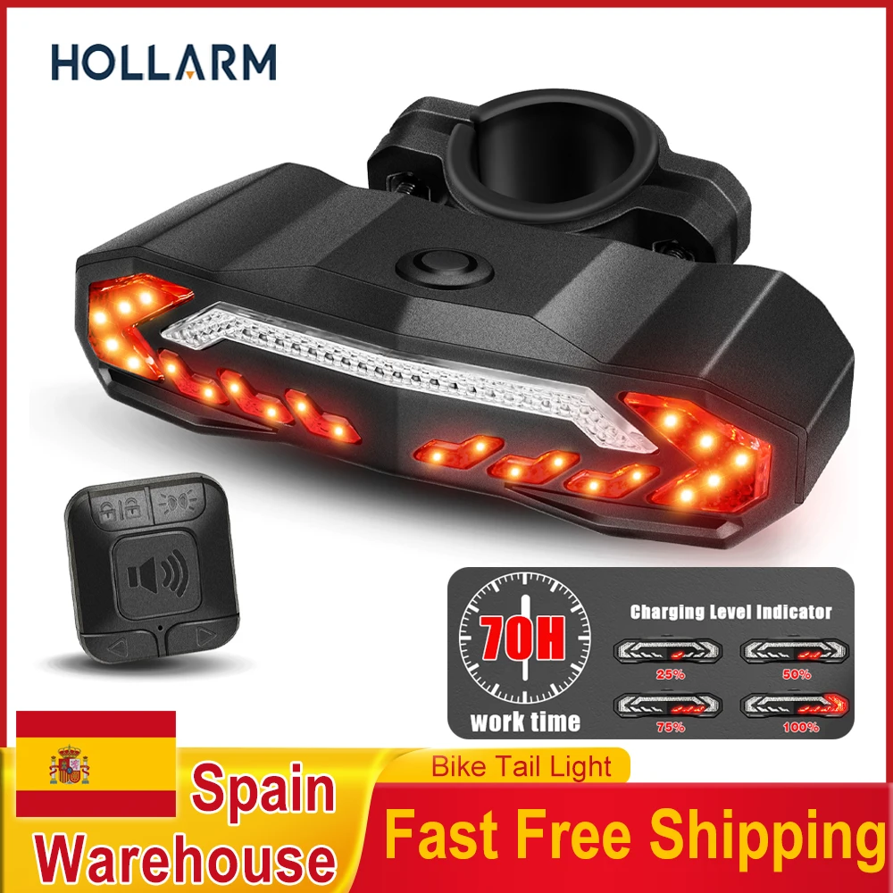 Alarma de luz trasera de bicicleta Hollarm con señales de giro luz de freno inteligente antirrobo alarma de bicicleta impermeable remoto USB