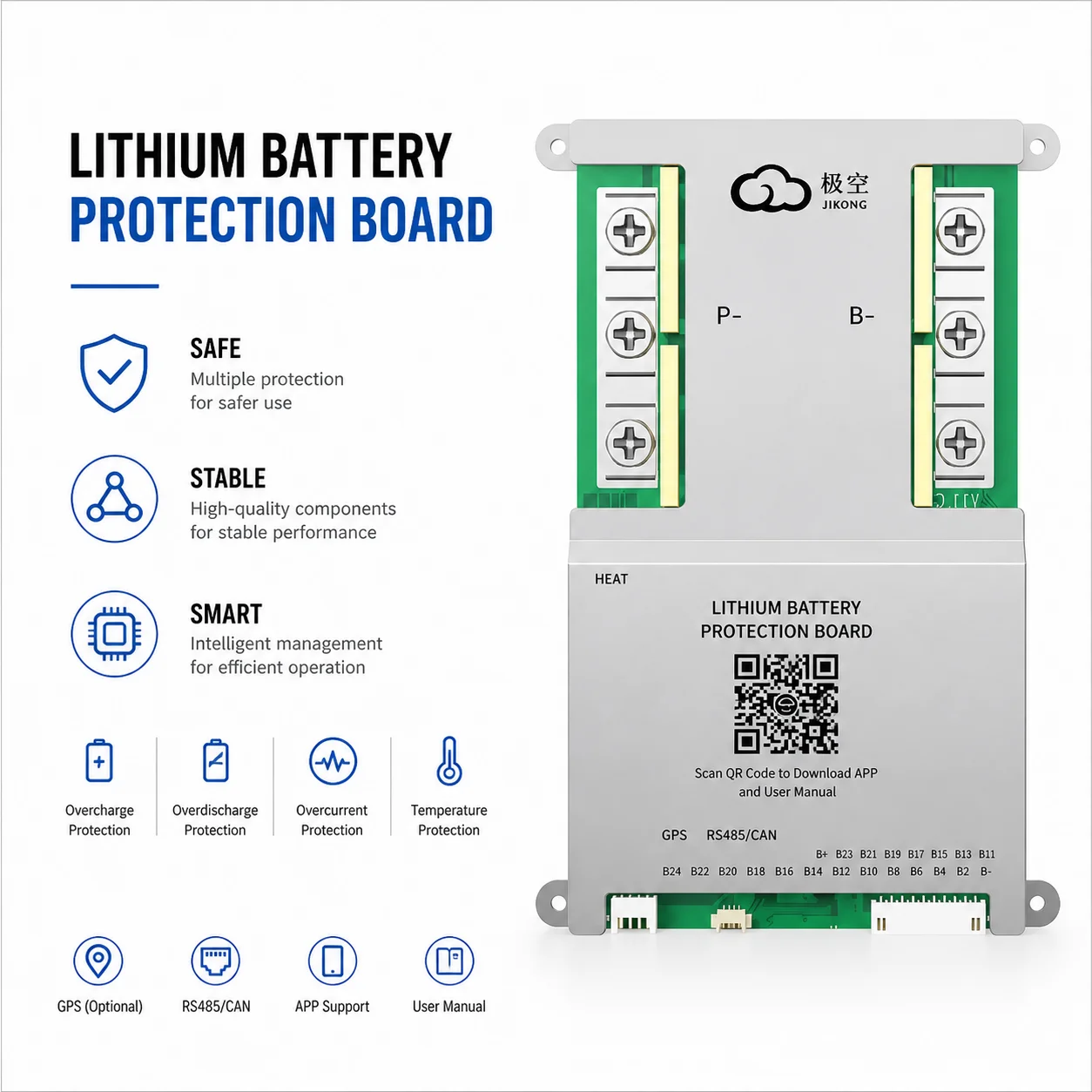

JK-PB2A16S20P Multi-Series LiFePO4 Li-Ion LTO BMS 8S-24S 60A-600A Active Balance JIKONG Smart Battery Management System