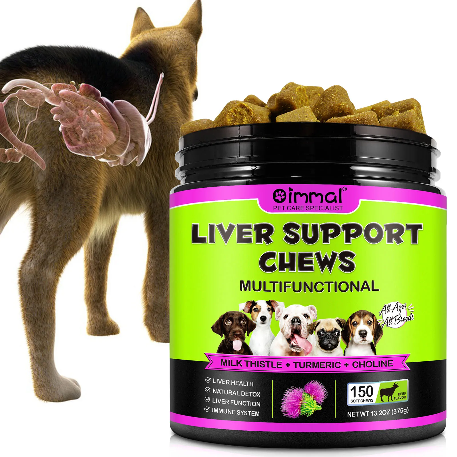 

Liver Support Chews for Dogs w Milk Thistle Turmeric Choline Liver Health Natural Detox Immune System for All Breeds Beef Flavor