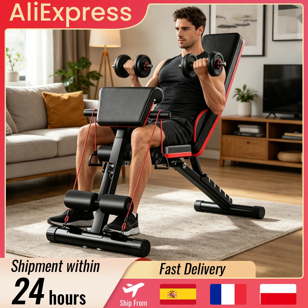 Klappbare Hantelbank mit 7-Gang-Einstellung, 6-in-1 Multifunktionale Bodybuilding-Gewichtsbank für Komplettes Training, Fitnessgerät für Gym und Zuhause