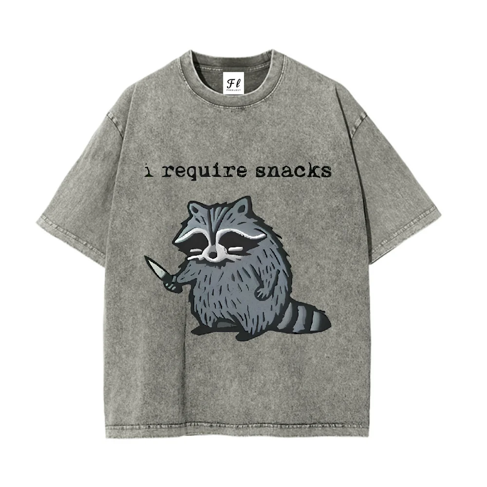 Cartoon Raccoon Printed Casual Cotton T Shirt I Require Snacks Graphic Tee for Men Women Trendy Loose Fit Short Sleeve Top Daily