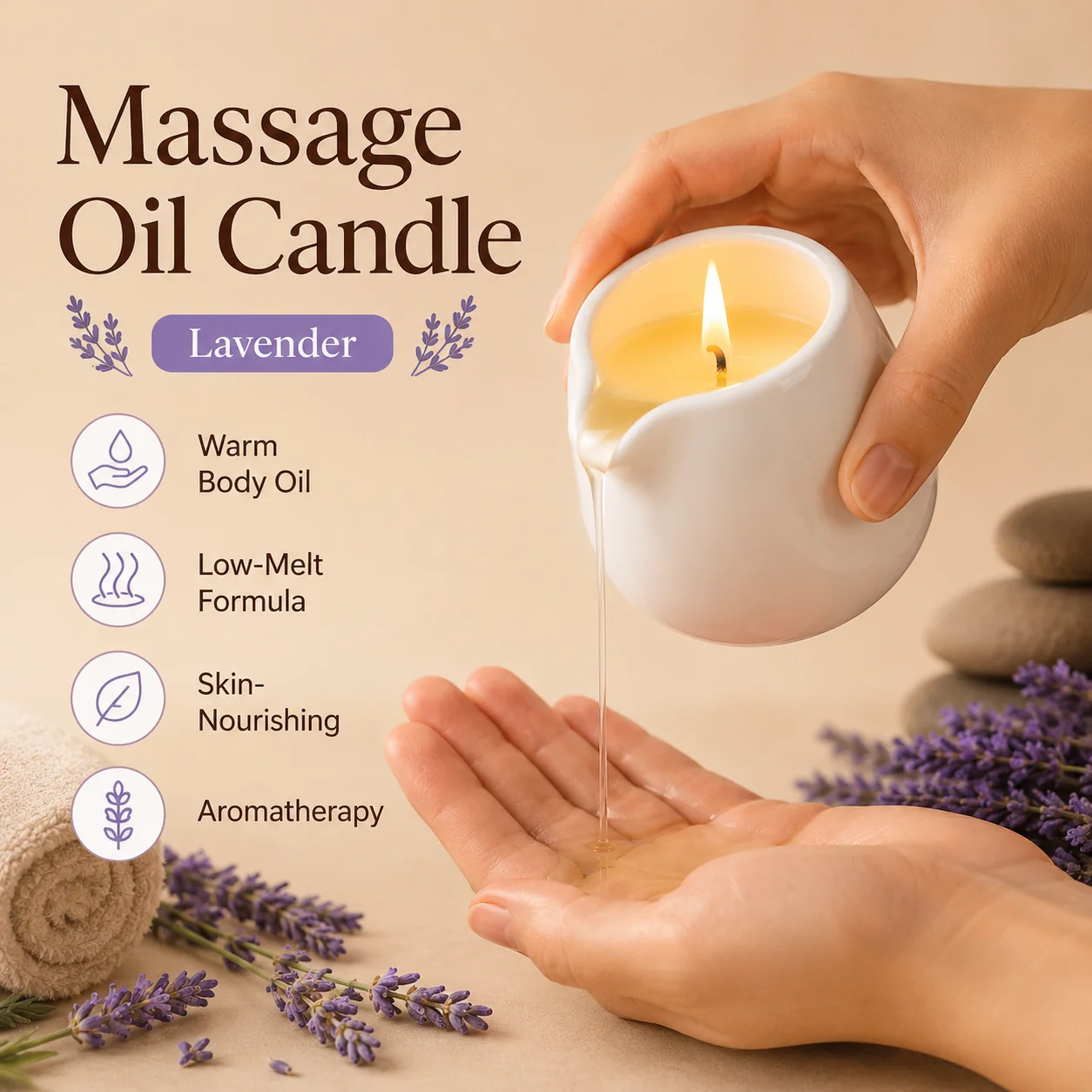 Massage Candle Melting - เทียนนวดเซรามิก กลิ่นลาเวนเดอร์ หอมดอกไม้ ผ่อนคลาย ละลายตัวง่าย น้ำมันนวดตัว