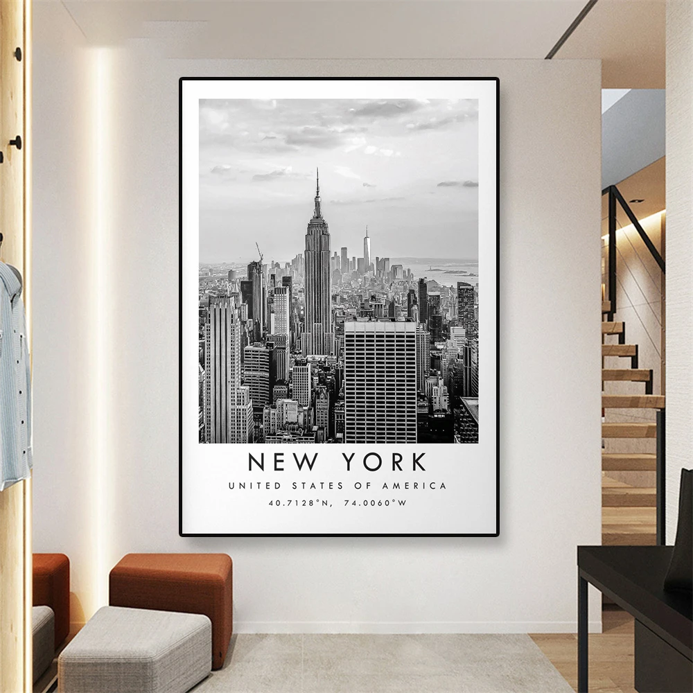 New York Travel Print Poster New York City Black White Print Unique Wall Art Canvas Painting Coordinates Minimalist Home Decor