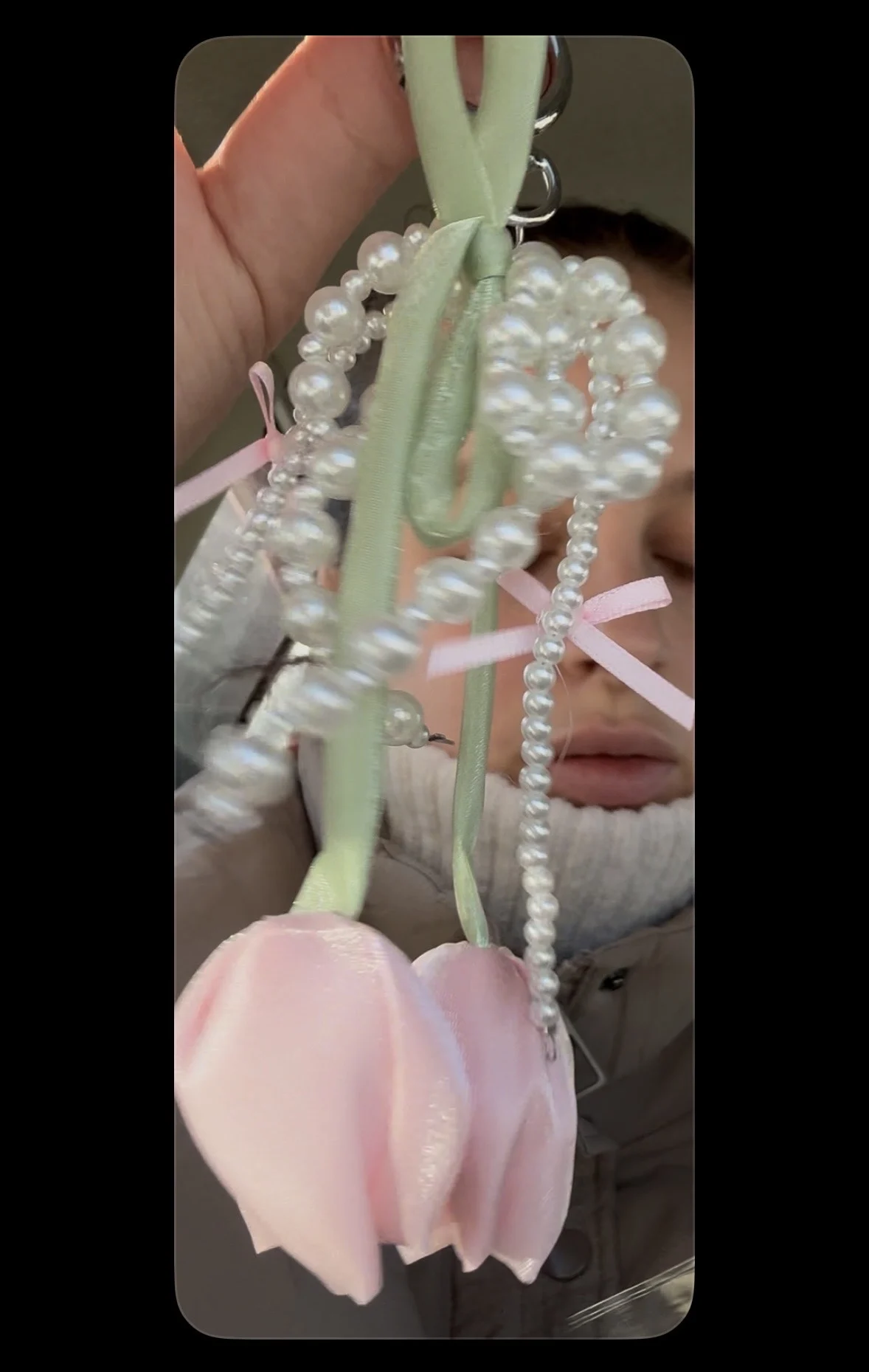 Blue Pink Lattice Ribbon Keychains Bowknot Pearls Heart Bag Pendant Elegant Beaded Keyring Y2k Sweet Korea Jewelry Accessories photo review