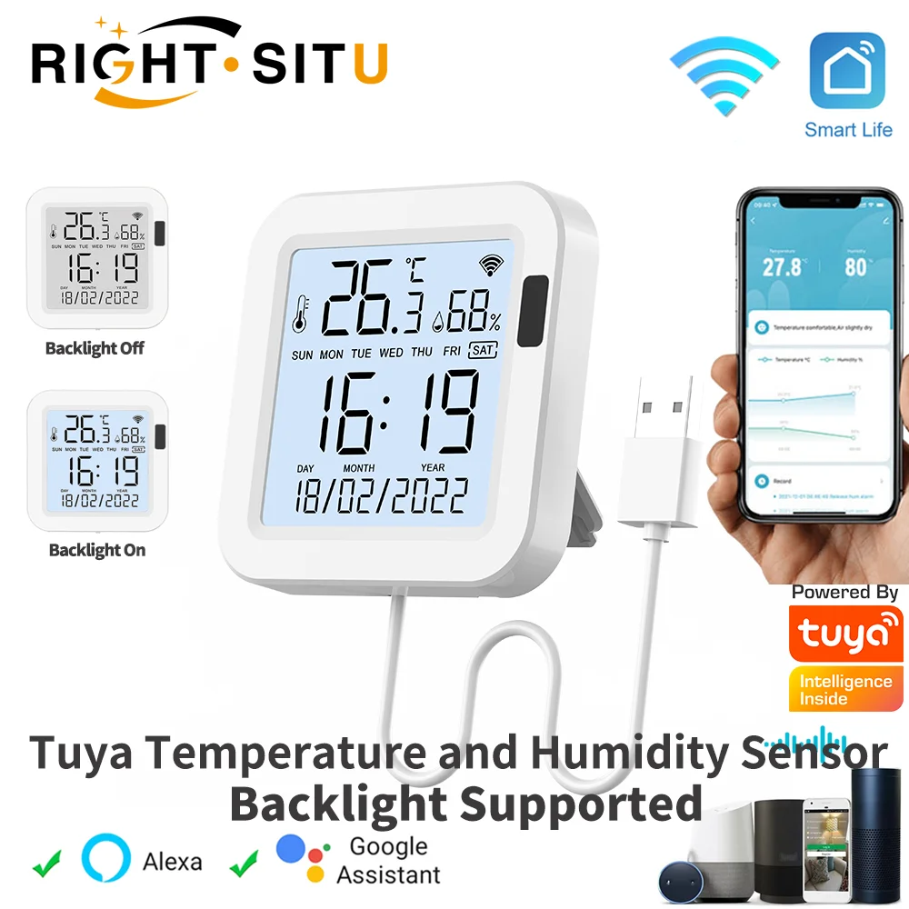 Sensor inteligente de temperatura y humedad Tuya con retroiluminación para hogar inteligente var WiFi SmartLife funciona con el asistente de Google Alexa