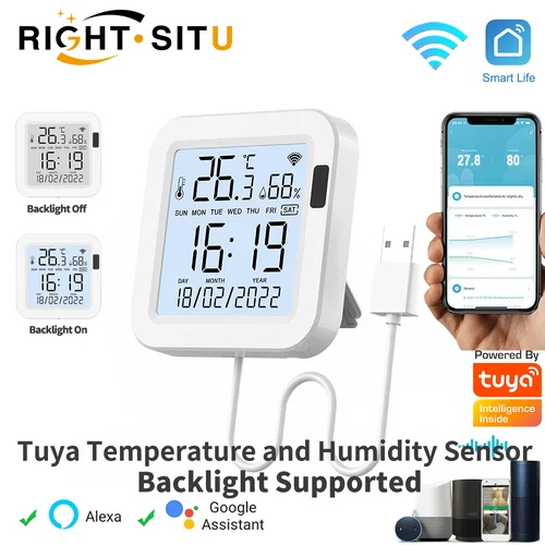 Sensor inteligente de temperatura y humedad Tuya con retroiluminación para hogar inteligente var WiFi SmartLife funciona con el asistente de Google Alexa