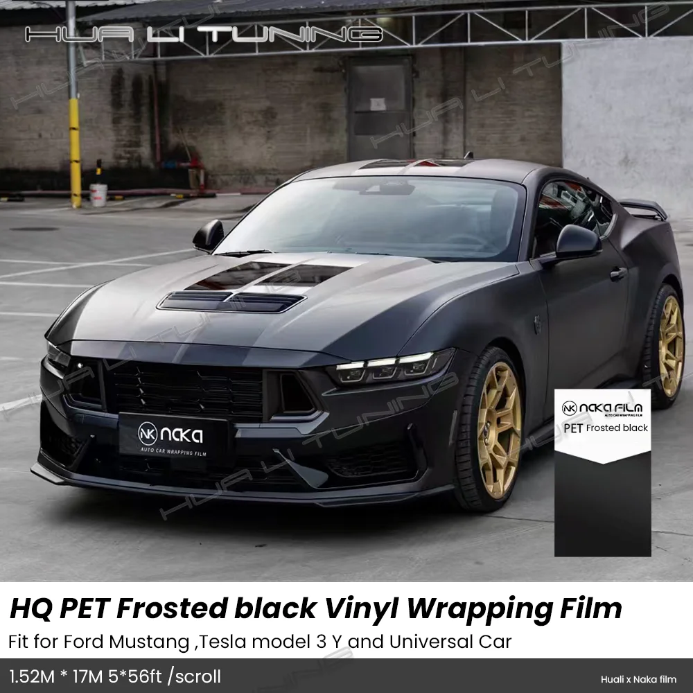 

Frosted Black Vinyl Wrap For Ford Mustang ,Tesla Model 3 Y etc. LowTack Glue 1.52*17M/Roll 5x56ft Air Bubble Free PET Auto Film