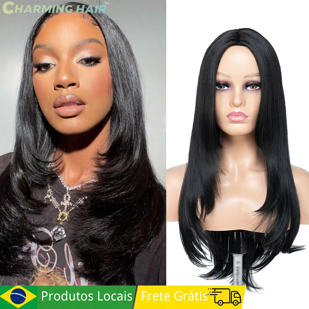Peruca Cabelo Natural Feminina Fibra Orgânica 50cm 210g Premium Identica ao Humano Cabelo Liso Corte em Camadas Preto Natural