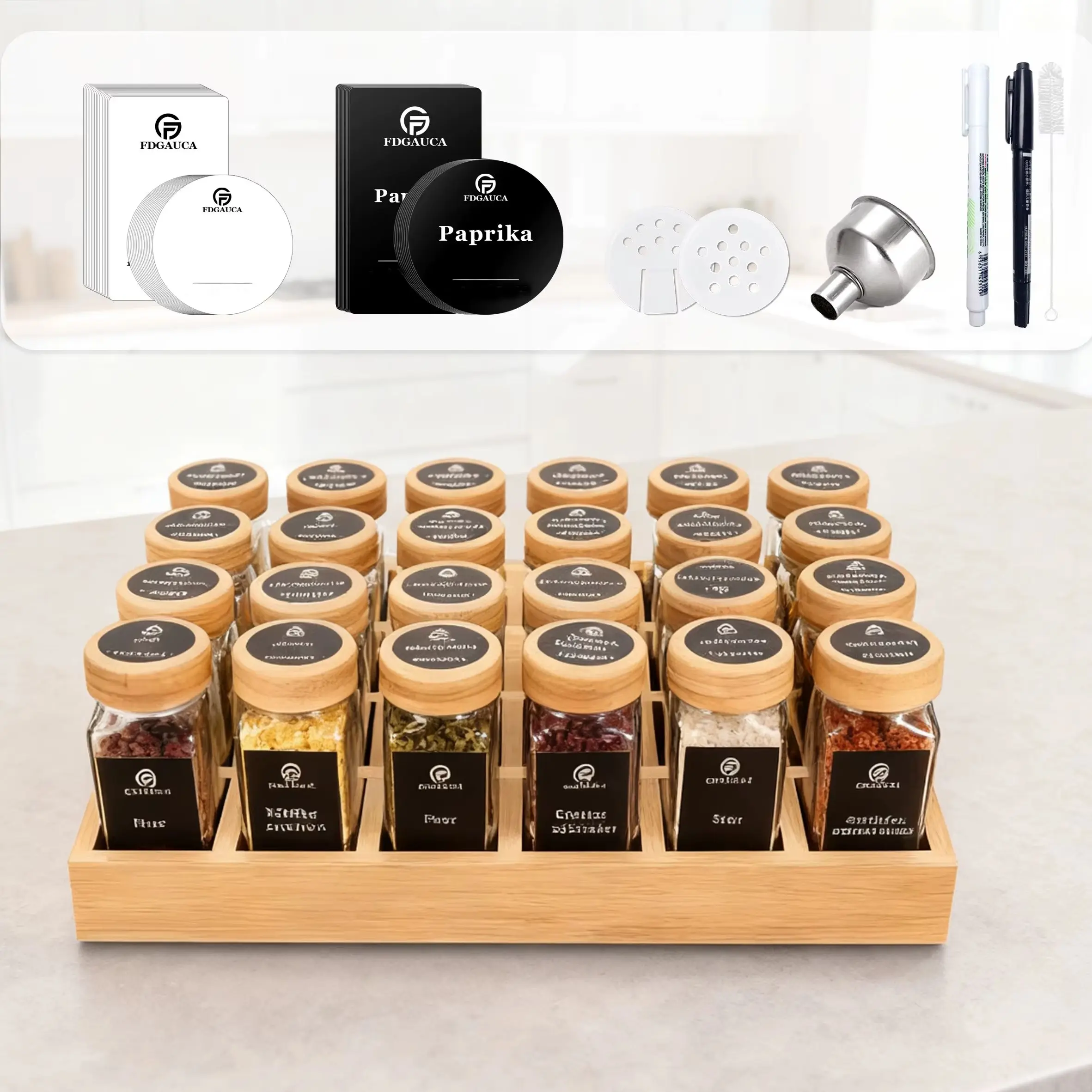 Bamboo condiment rack with glass jars, 12/24-piece bamboo condiment rack set, keeping your kitchen tidier and more organised.