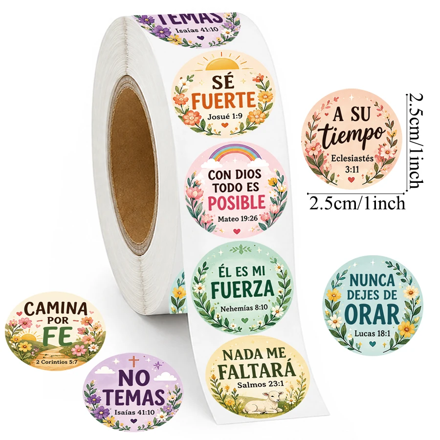 500 Pcs Spanish Christian Stickers Roll, 10 Designs Bible Verse Round Labels, Inspirational Faith Self Adhesive Stickers