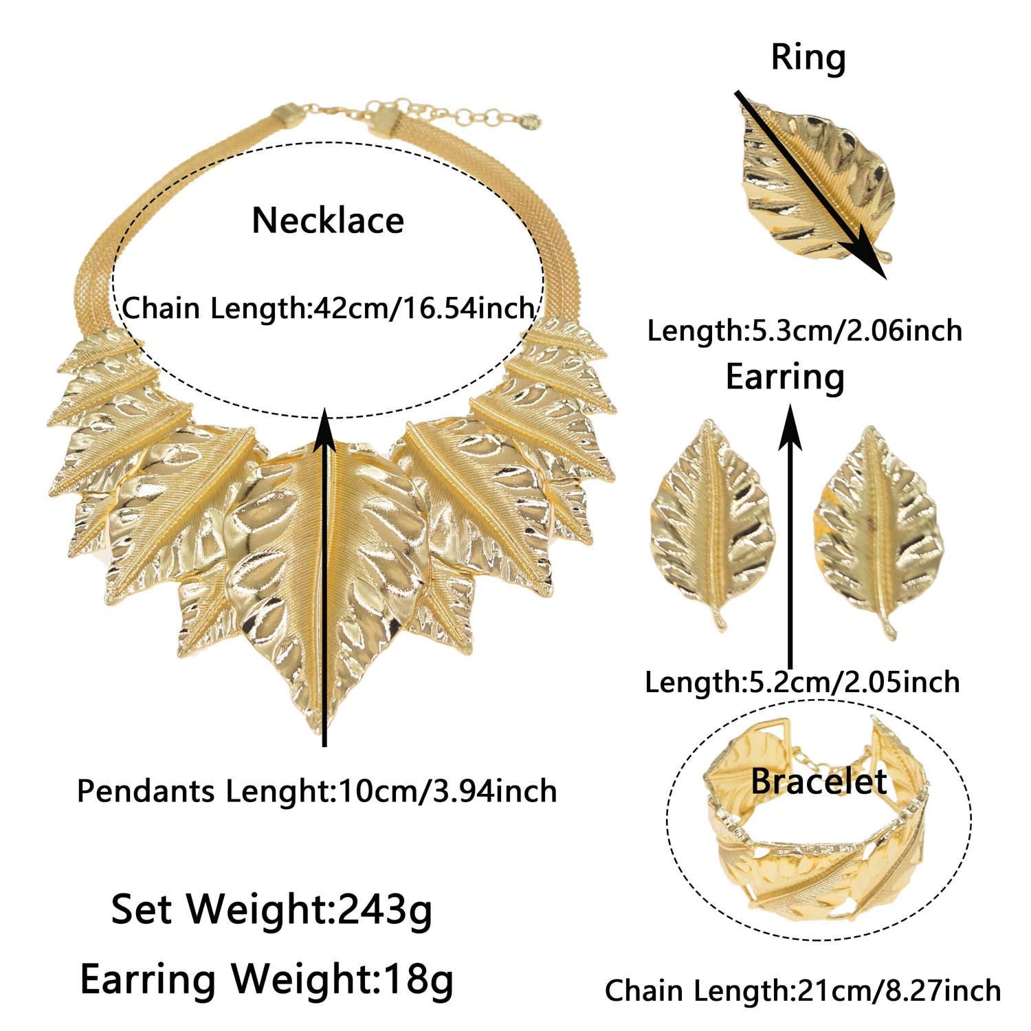 Jewelry Set Women Big Leaf Necklace Leaf Earrings Ring Bracelet Women Dubai  Designer Italian Original Jewelry