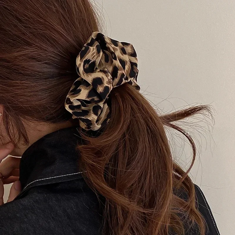 Koreańskie lampart elastyczne opaski do włosów proste Vintage gumka do włosów krawaty Scrunchie duże nakrycia głowy dziewczyny damskie akcesoria do włosów — zdjęcie 2