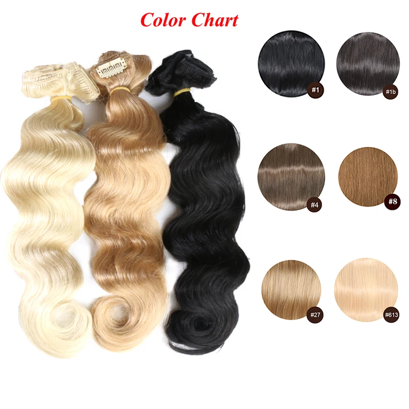 Extensões brasileiras do cabelo humano, extensões principais completas do cabelo, onda do corpo, cor loura natural, 7 PCes, 12 "a 26"