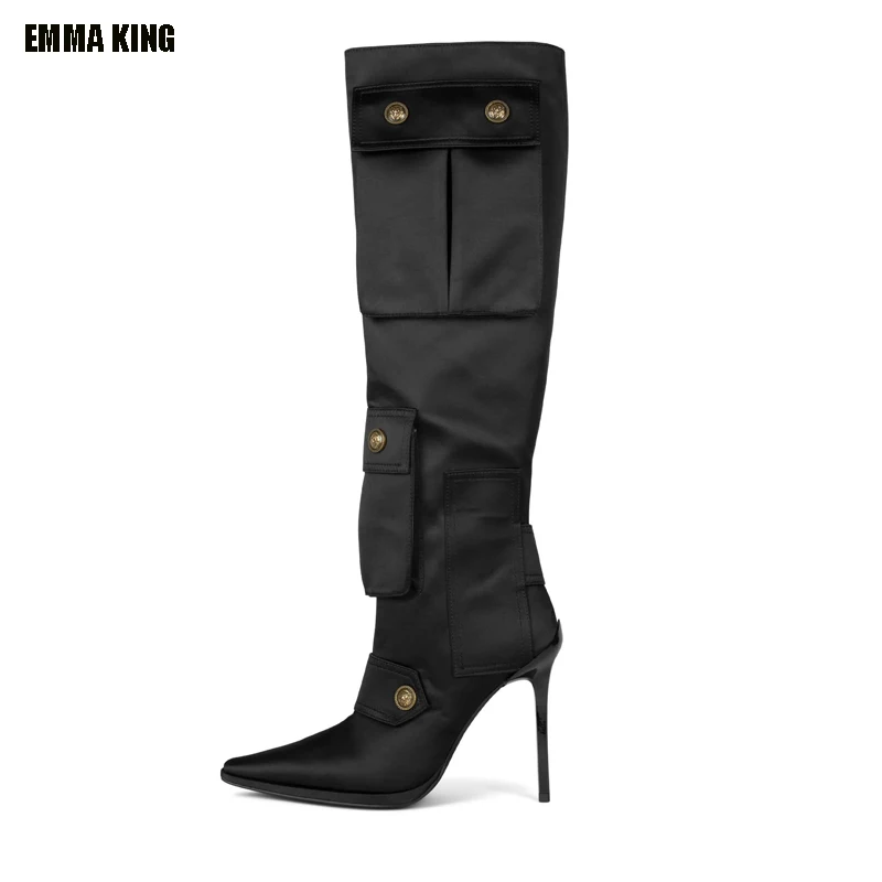 

2022 Winter New Women Fashion Denim Pointed Toe Pocket Sexy Knee High Boots Boots Female Thin High Heel Loose Thigh Long Botas