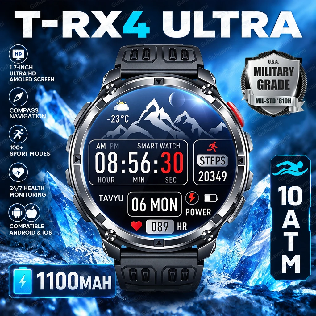 Neue T-RX4 Ultra Smartwatch mit 1100-mAh-Akku, integriertem GPS, Kompass, Taschenlampe, 10-ATM-Wasserdichtigkeit und 1,7-Zoll-Display – eine robuste Sportuhr für Herren.