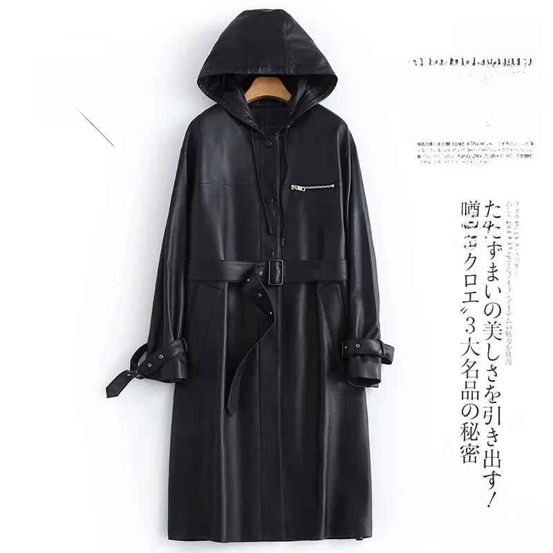 Lautaro-Long PU Leather Trench Coat dla kobiet, pasek z długim rękawem, wodoodporny płaszcz przeciwdeszczowy, czarny, wiosna, jesień, 2024 — zdjęcie 2