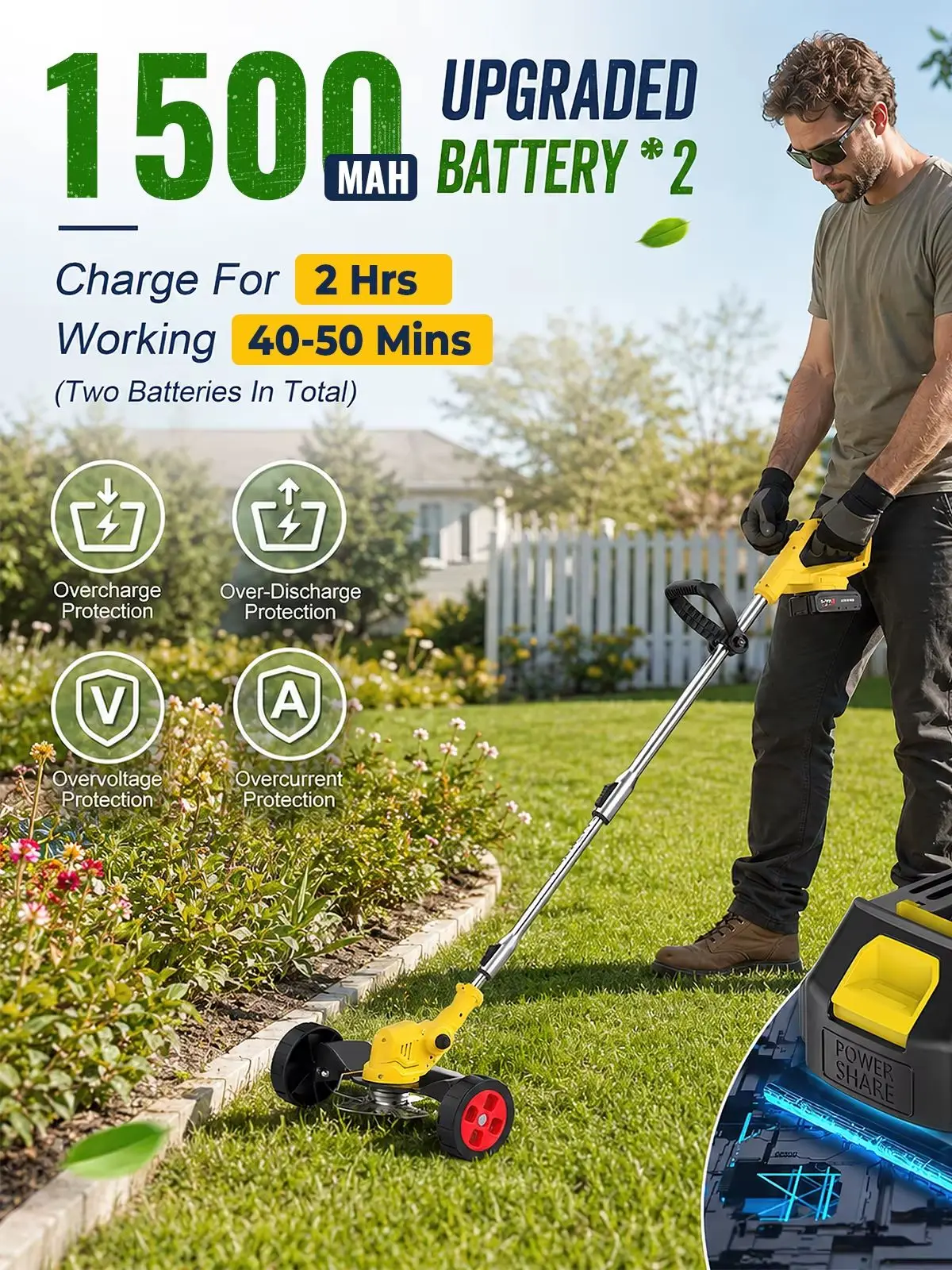 21V Kabelloser Rasentrimmer mit Rädern, 3-in-1 Freischneider & Rasenkantenschneider, 1800W 7800RPM Akku-Unkrautschneider mit Teleskopgriff und 2 Akkus
