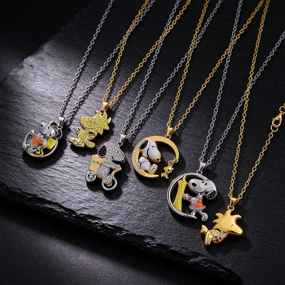 Cute Cartoon Dog Rhinestone Pendant Necklace Gold & Silver Plated Clavicle Chain Anime Dog Character Jewelry for Fans