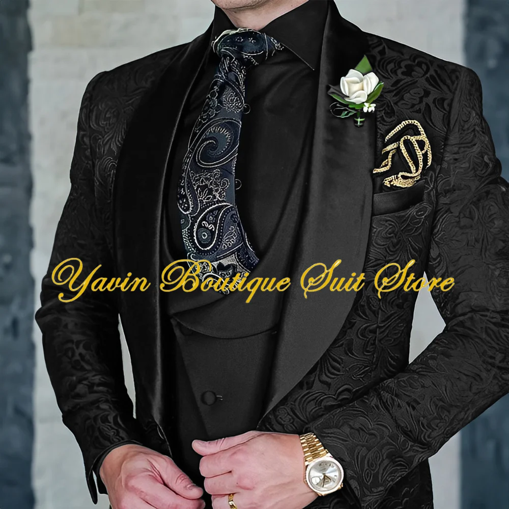 Jacquard Men\'s 3-piece Suit Set Floral Pattern Party Dress Formal Groom\'s Tuxedo Elegant Men\'s Blazer Customized Outfit