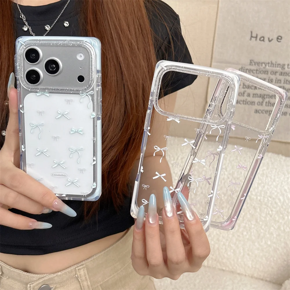 

Ins Cute Bow Glitter Phone Case for iPhone 17 Pro Max 15 Pro 15 17 16 Pro Fundas Korean Cases Protective Cover For Apple 16 Max