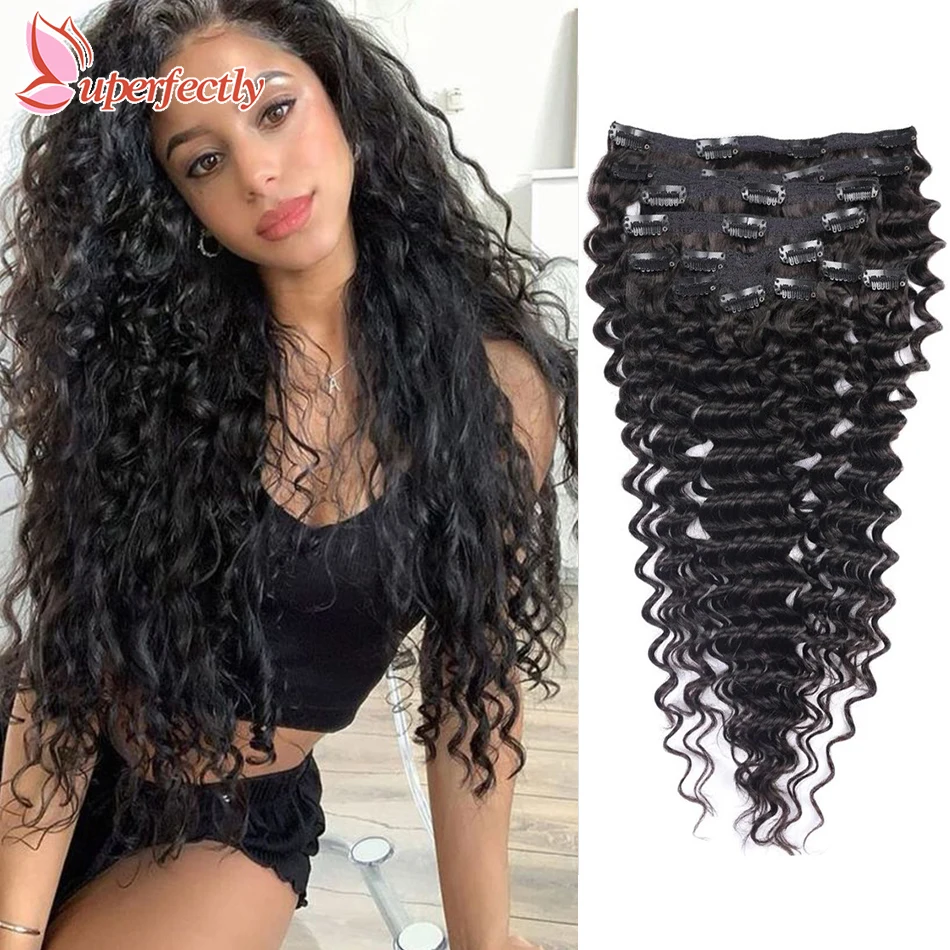 

Deep Wave Clips In Human Hair Extensions Brazilian Remy Human Hair 10 pcs Deep Wave Natural Black Hair 14-28inch 120-200G