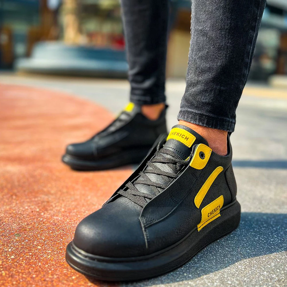 

FOH Store Men Boots Shoes BLACK YELLOW Artificial Leather Lace Up Sneakers 2023 Comfortable Flexible Fashion Wedding Orthopedic Walking Sport Lightweight Odorless Running Breathable Hot Sale Air New Brand Boots 131