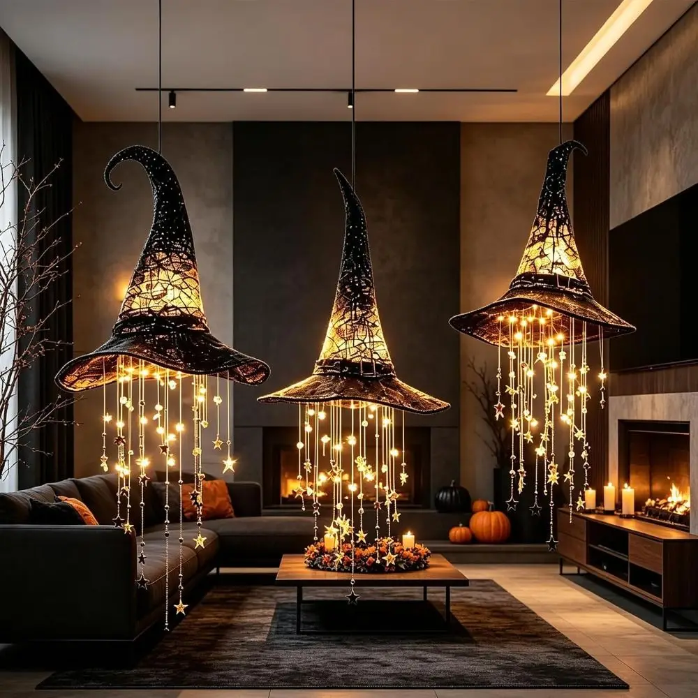 Lighted Witch Hat Hanging Chime, Halloween LED Outdoor Ornament Lights, Glowing Mesh Cascading Stars, Party Porch Door Decor