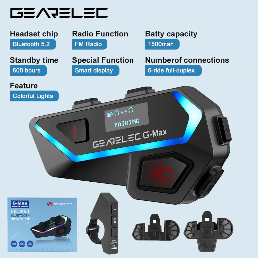 

GEARELEC Motorcycle Helmet Intercom Bluetooth Headset 6 Riders 2000M Interphone Communication With IP67 FM Radio Music Sharing