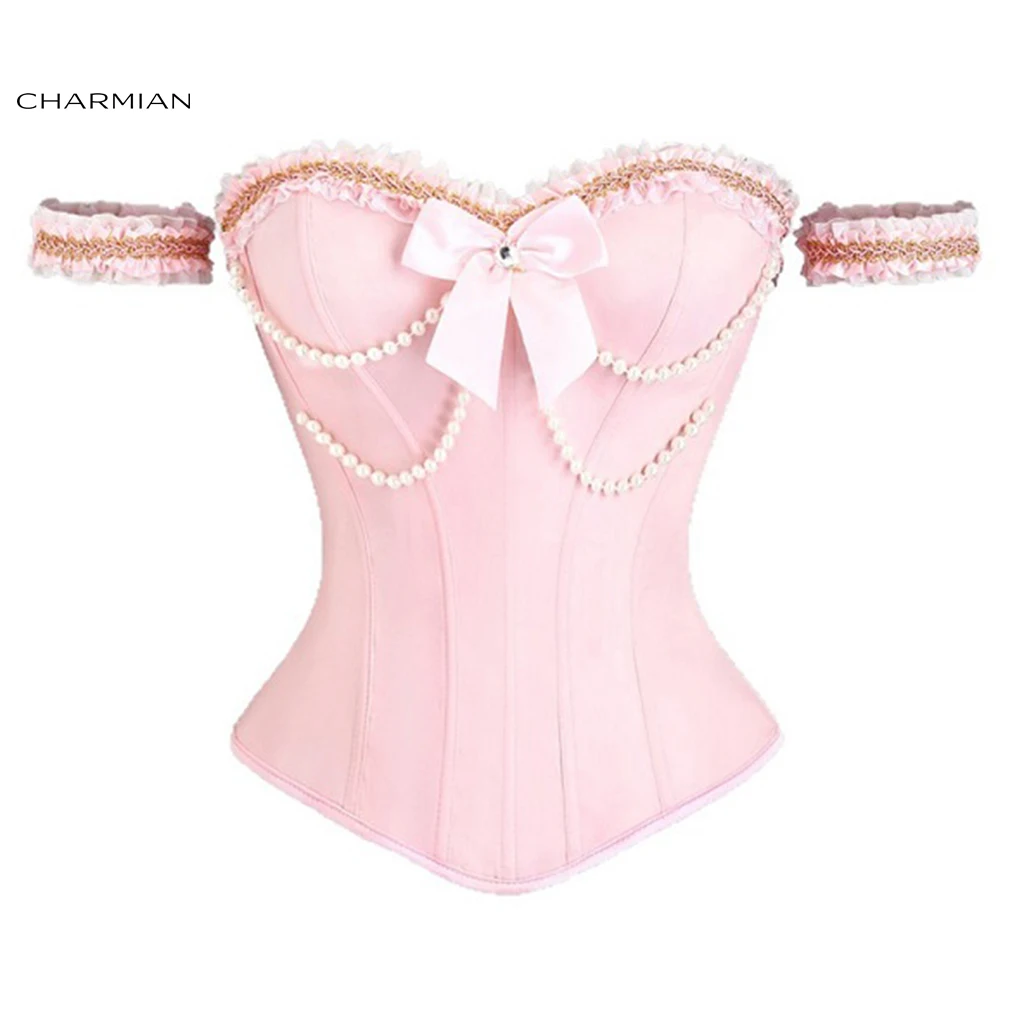 Charmian Pink Corset Top for Woman Victorian Strapless Sweetheart Boned Lace Up Bustier Fairy Princess Pearl Bow Overbust Corset