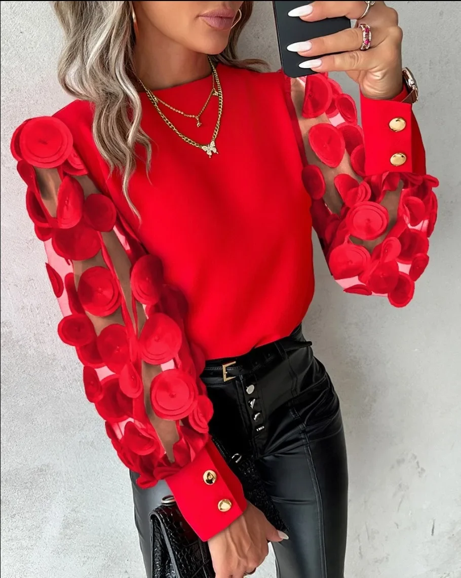 Fashion Lantern Sleeve Button Splicing Shirt Women Elegant Office Commuter O Neck Blouse Female Autumn Spring Daily Casual Tops — zdjęcie 2