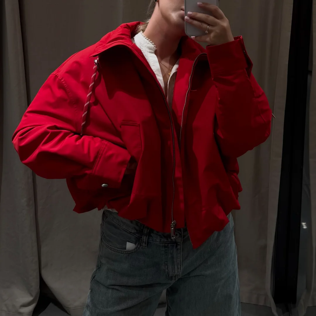 Women Red High Neck Jacket Drawstring Bubble Hem Zip Up Coat Loose Casual Windbreaker Streetwear Outfits Sporty Tops 2026