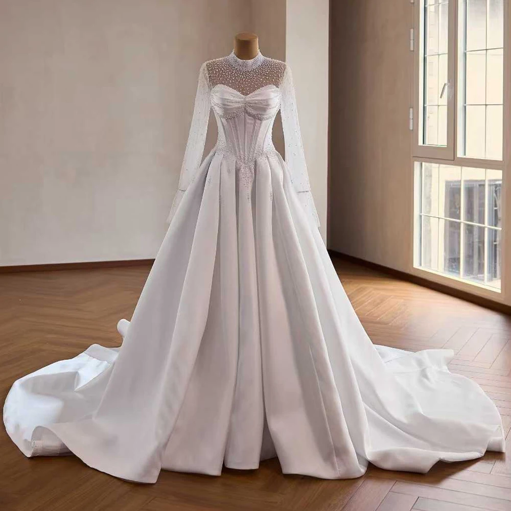 

Elegant Wedding Dresses For Brides Pearls Long Sleeves High Neck Zipper Back A Line Satin Robe Mariage