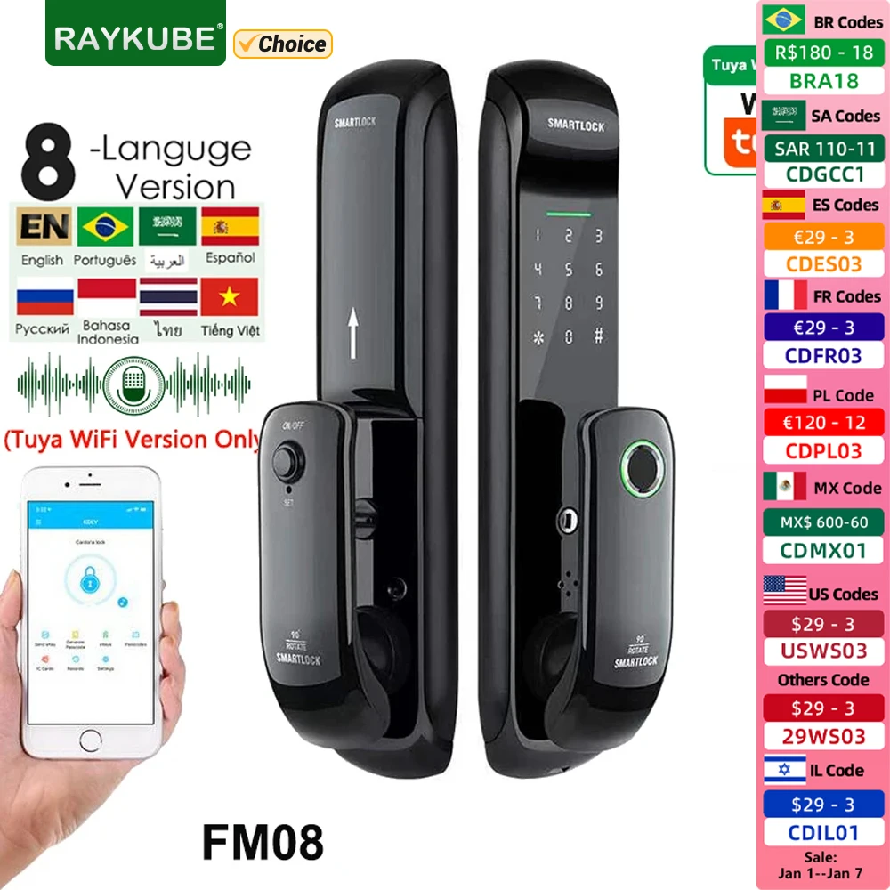 RAYKUBE FM08 Tuya Wifi Smart Door Lock TT Lock Fingerprint Lock Auto Electronic Bio-metric Lock Digital Lock for Smart Home