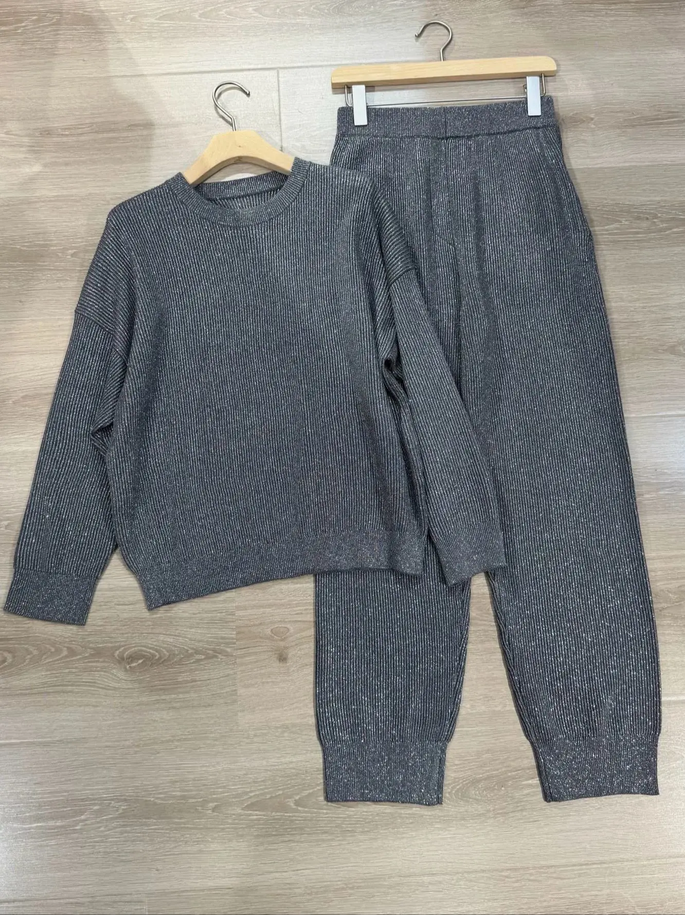 

Осенний женский повседневный хлопковый вязаный удобный однотонный брючный костюм высокого качества