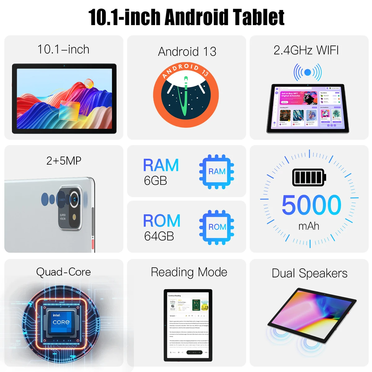 AEEZO Android 13 Tablet 10 pollici 1280x800 IPS Display HD Quad Core 5000mAh Batteria 6GB RAM 64GB 128GB Espandi 2MP + 5MP Doppia fotocamera
