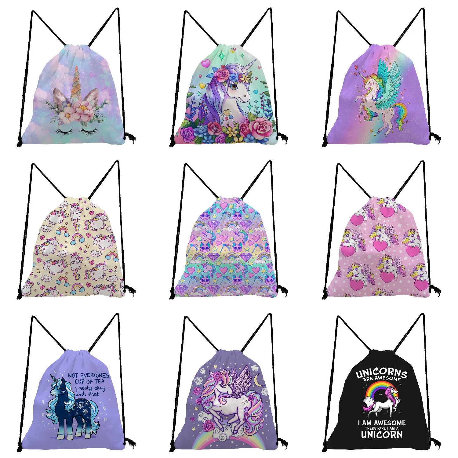 Customizable Travel Cute Unicorn Floral Printed Drawstring Pocket Shoes Bag Fashion Kawaii Animal Backpack For Women 2022 Year