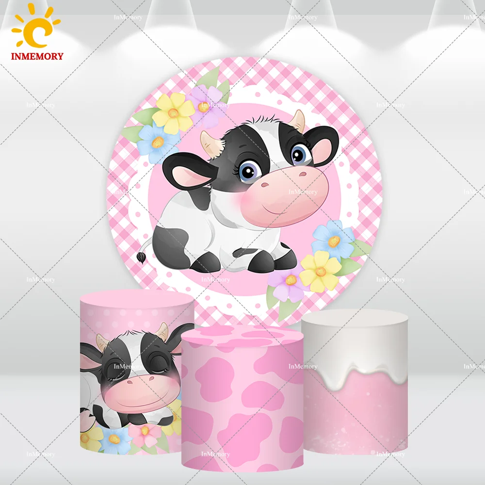 

Pink Cow Baby Shower Round Backdrop Cover Newborn 1st Birthday Party Circle background Photography Cow Print Cylinder Covers