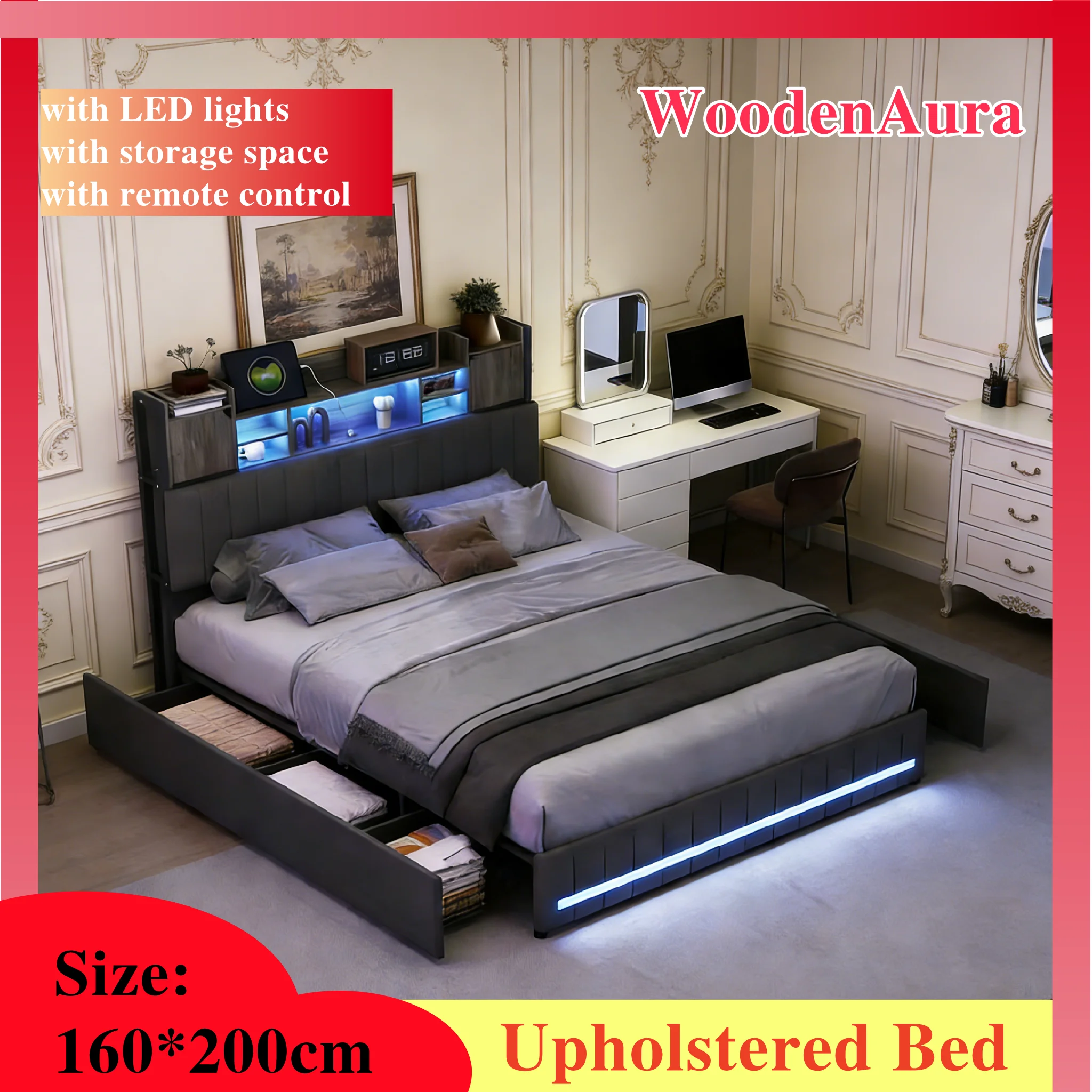 WoodenAura Lit double rembourré 160x200 cm avec 4 tiroirs, tête de lit avec compartiments de rangement, éclairage LED et ports USB, lin gris