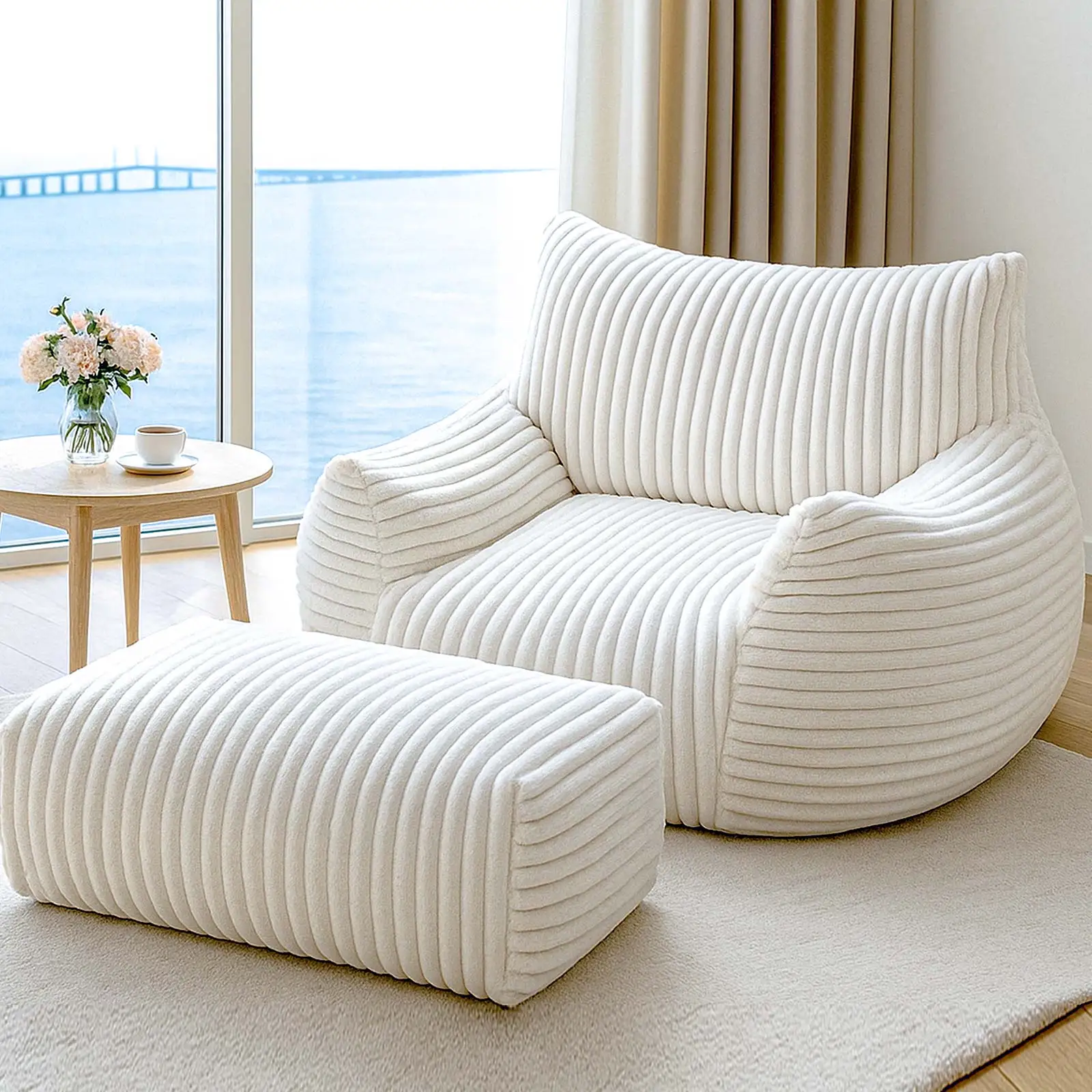 Silla tipo puf con reposapiés, bolsa de frijoles de felpa de espuma viscoelástica, cómodo sofá de suelo, reposabrazos, silla de lectura para sala de estar y dormitorio