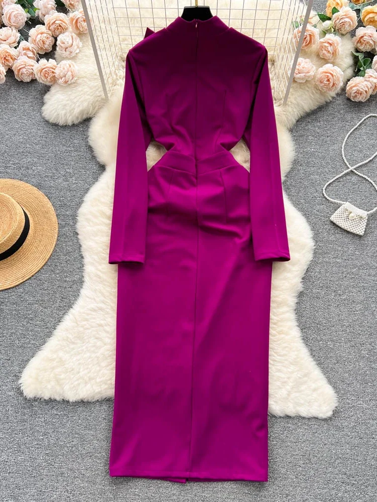 New Casual Spring Summer Solid Slim Button Full Lady Dress A Line O Neck Chiffon Pullover Women Dresses