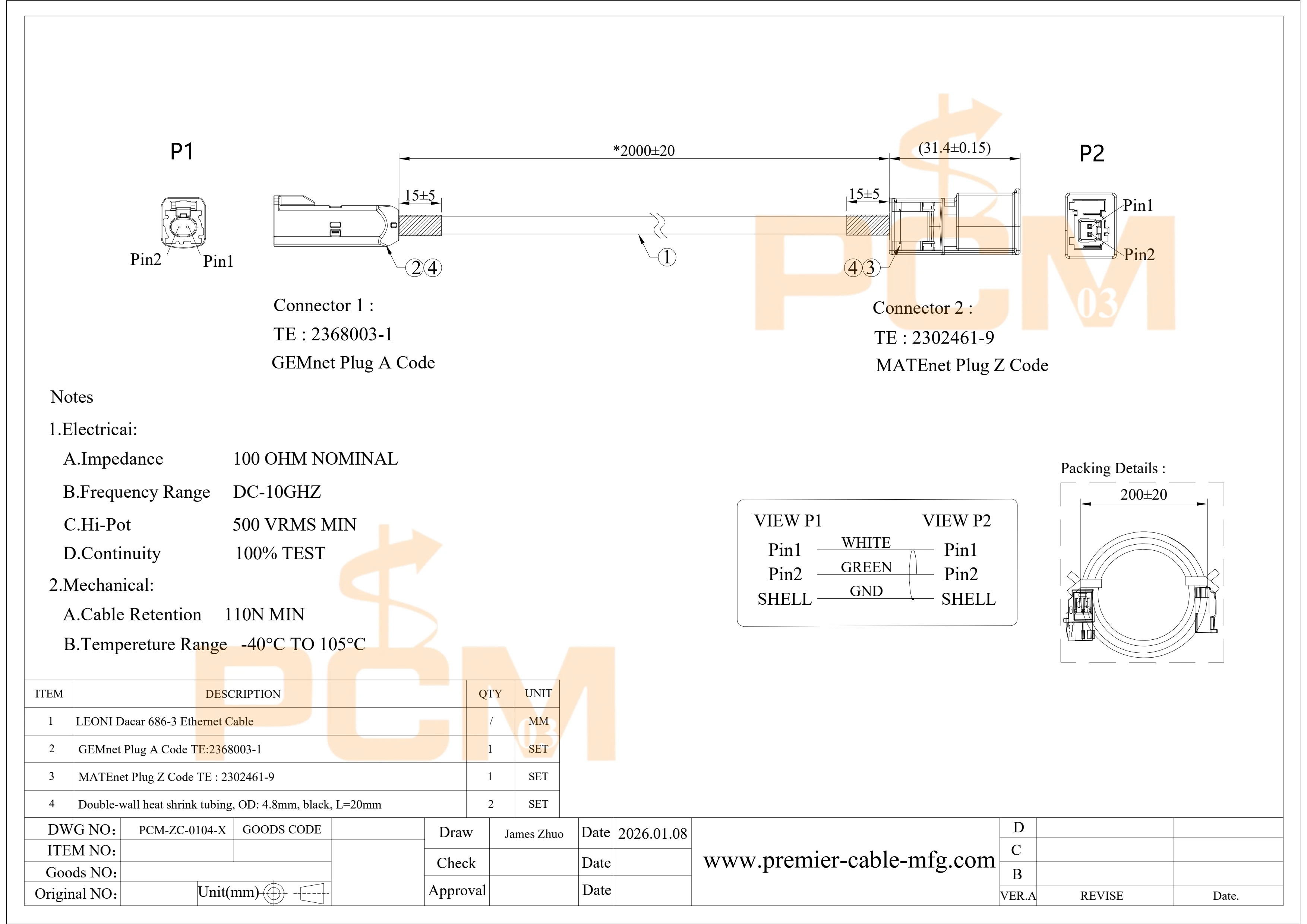 GEMnet Male 2368003-1 A code to MATEnet Plug 2302461-9 Z code Oringinal TE Connectivity Connector Automotive Ethernet Cable