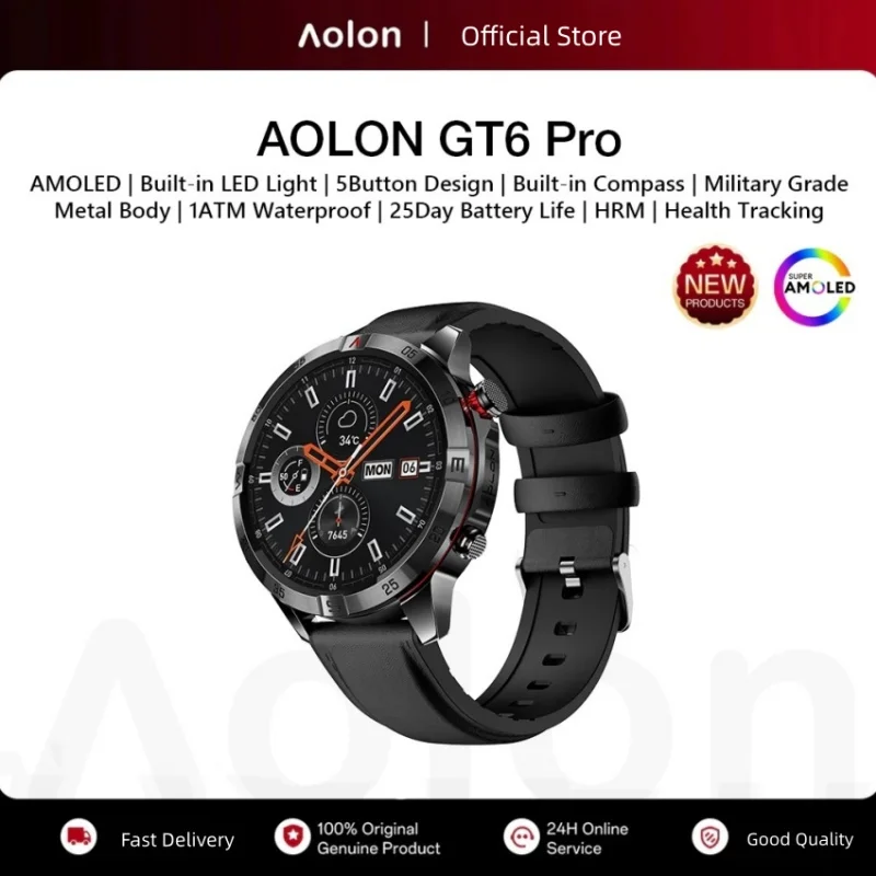 Aolon GT6 PRO Military Smart Watch Compass Flashlight AMOLED Bluetooth Call Smartwatch 1ATM Waterproof For Outdoor Sport Fitness