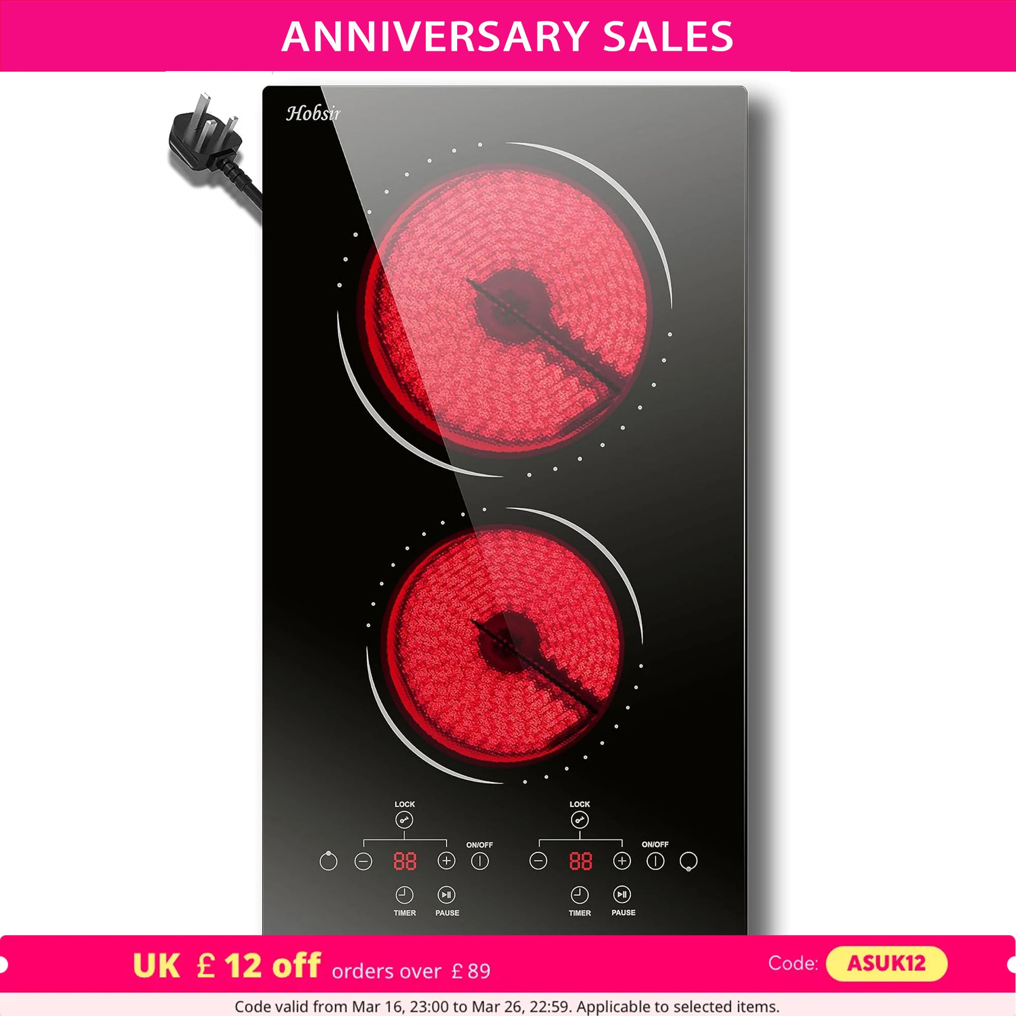Hobsir Built-in 2 Zone Ceramic Hob 30 cm with Plug，2800W，Touch Control，9 Heating Levels，Safety Lock，Timer