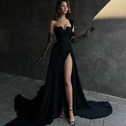 Black One Shoulder Prom Dresses With Gloves Customized Evening Dresses Elegant For Women Wedding Party Gowns Mermaid فستان سهرة