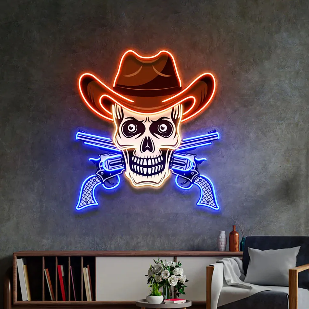 Skull Neon Sign Skull in Cowboy Hat UV Print Neon Pop Art Wall Decor Home Bar Beer Club Decor Birthday Gift for Him