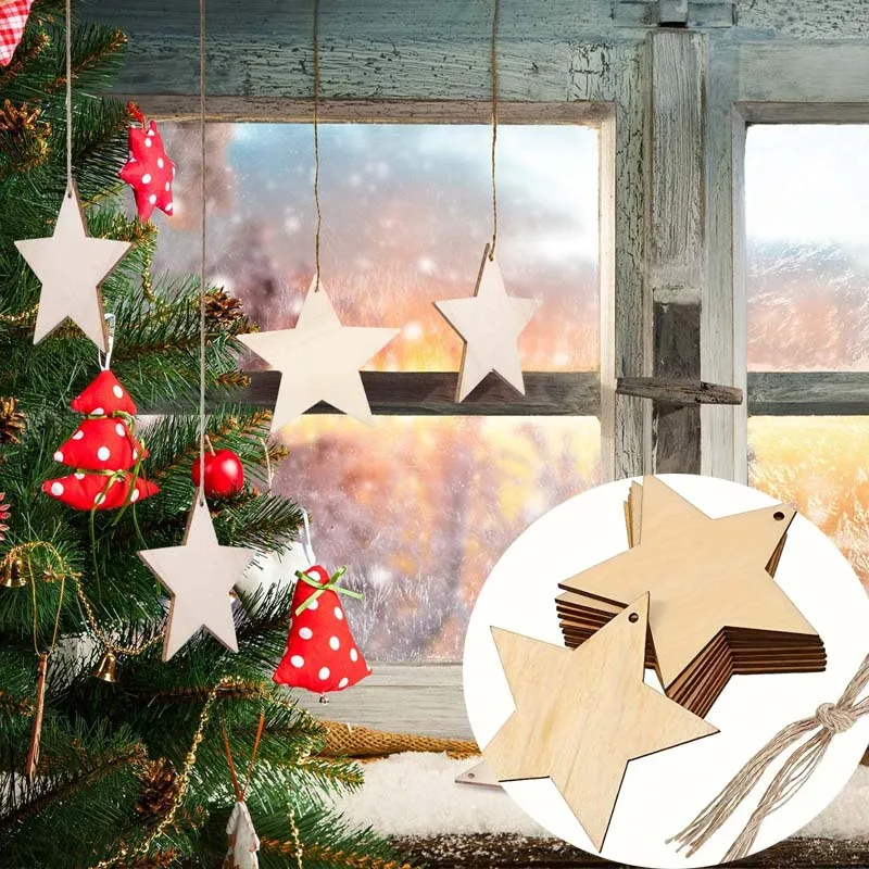 10pcs Wooden Star Shape Cutouts Hanging Ornaments Unfinished Blank Cutouts Hanging for Painting DIY Xmas Tree Decoration Crafts