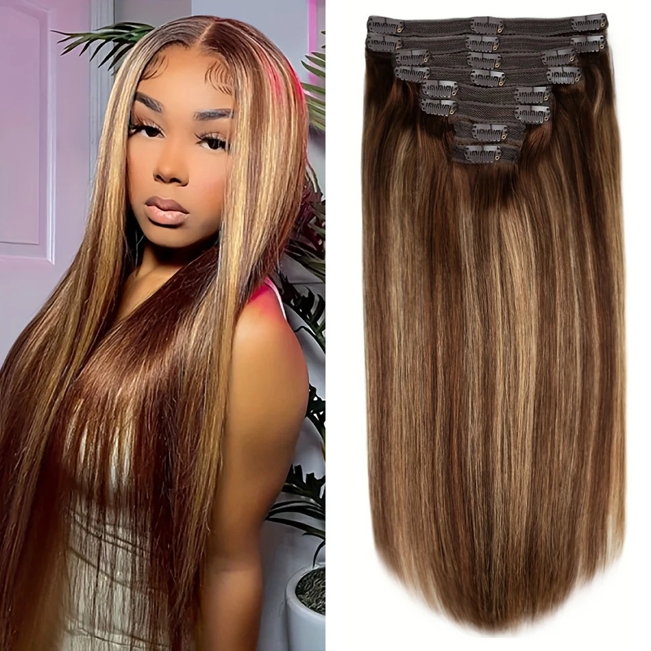 Straigh Clip in Hair Extensions 4/27 Highlight Clips In Straight Hair Extensions Brazilian 100% Human Hair P4/27 Color Clips Ins