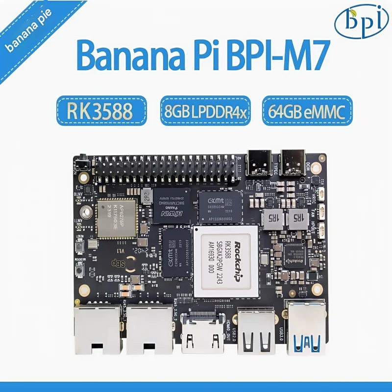 

Плата разработки оборудования с открытым исходным кодом Banana Pi BPI-M7 использует Rockchip RK3588, с памятью 8-64G и хранилищем 32-128G eMMC на кабане
