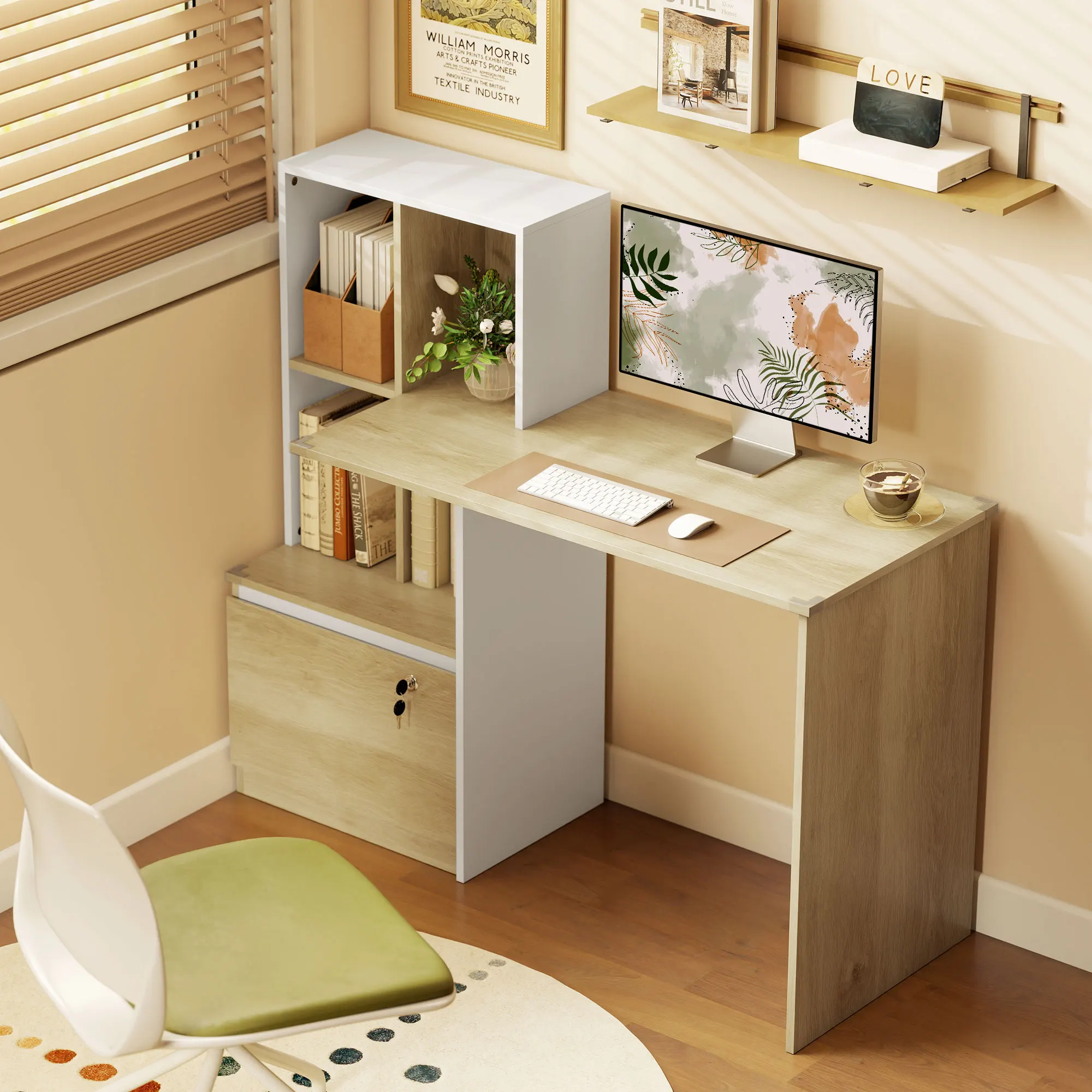 Weißer Computertisch mit Bücherregal und abschließbarem Aufbewahrungsschrank; Schreibtisch mit Staufächern; multifunktionale Büromöbel, geeignet für Schlafzimmer, Wohnzimmer, Büros, Arbeitszimmer usw.